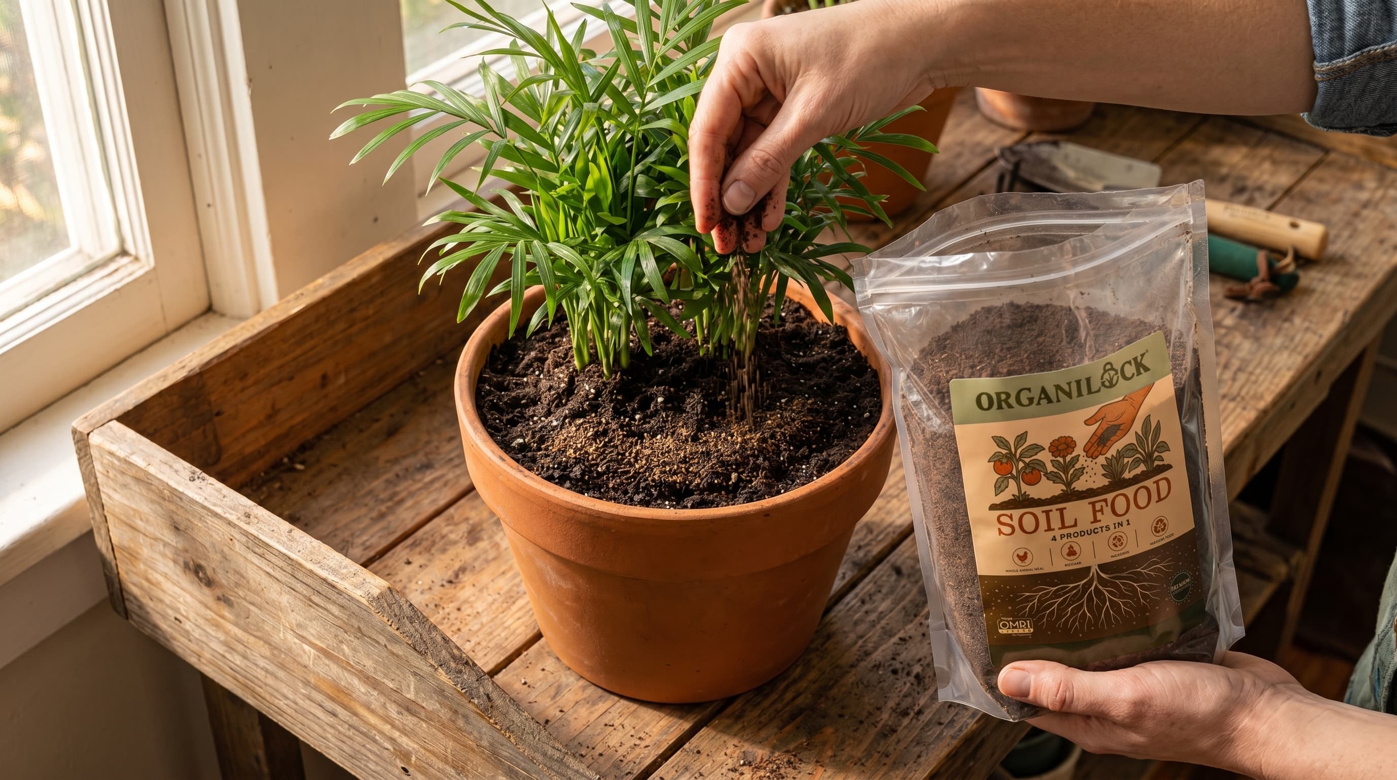 A person gently top-dressing a granular soil amendment onto a potted houseplant on a wooden potting bench, illustrating the steady, gentle container feeding approach.
