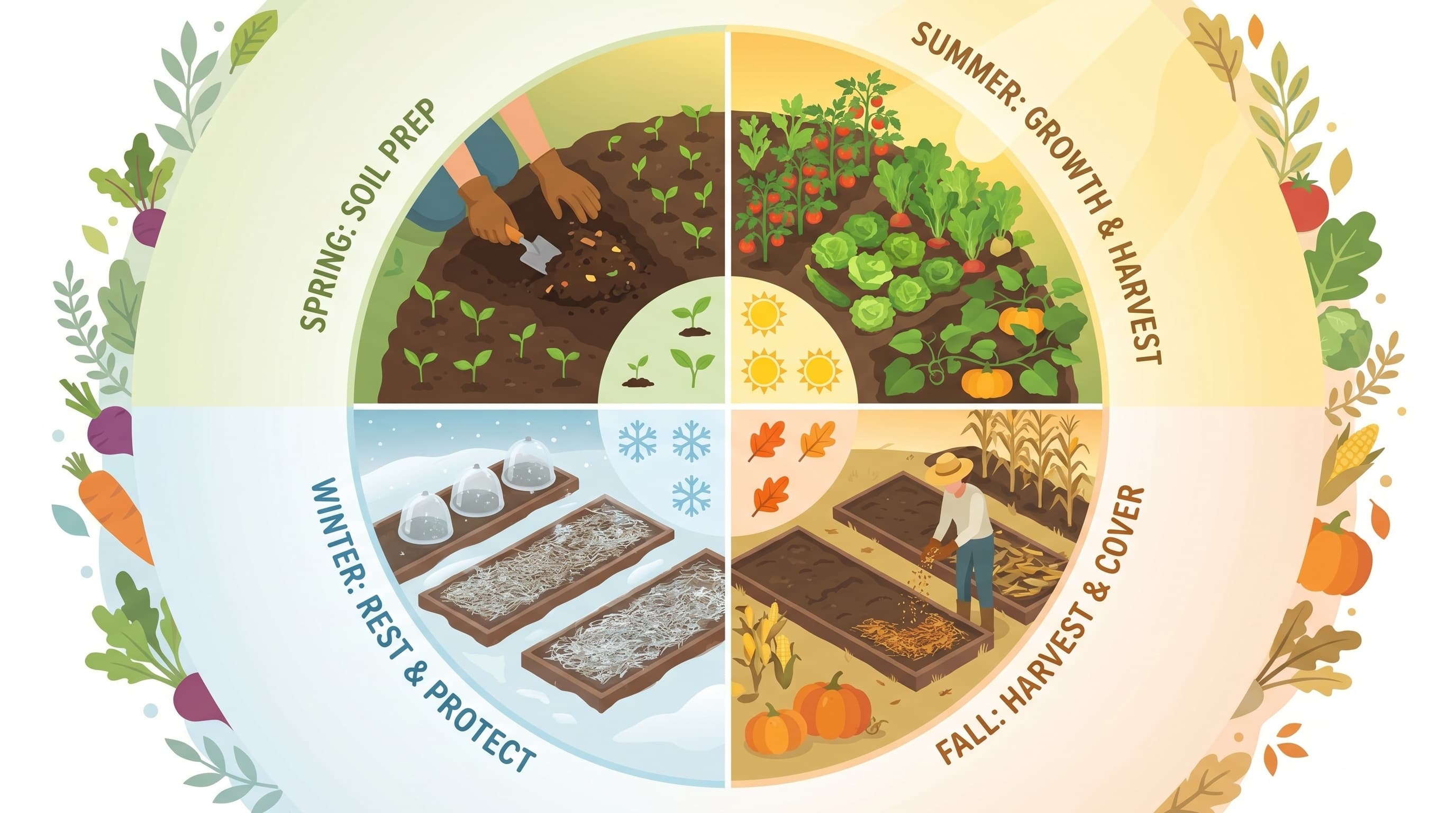 A gardener kneeling beside a raised bed in spring sunlight, working dark soil amendment into earth by hand while seedlings and a watering can sit nearby.