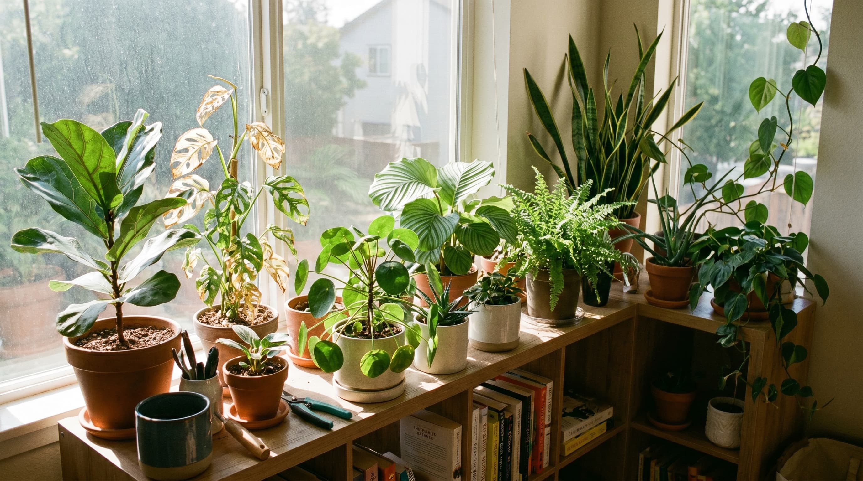 Three terracotta houseplant pots on a wooden bench illustrating overwatering, underwatering, and salt buildup side by side.