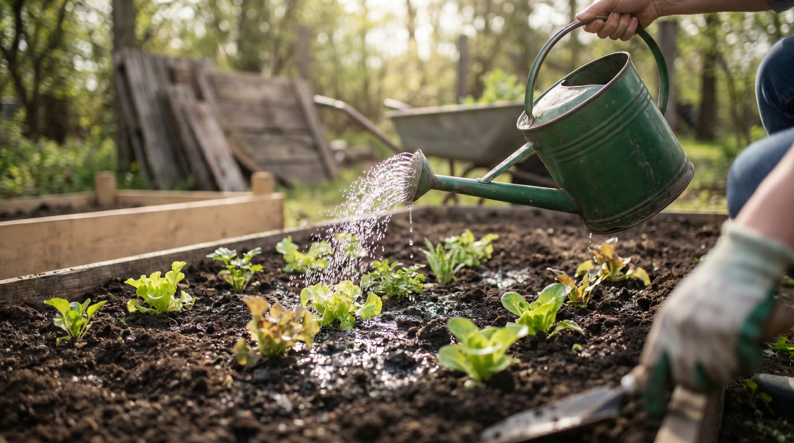 A gardener kneels beside a raised spring garden bed, gently working dark organic amendment into loose soil with a hand fork in morning sunlight.