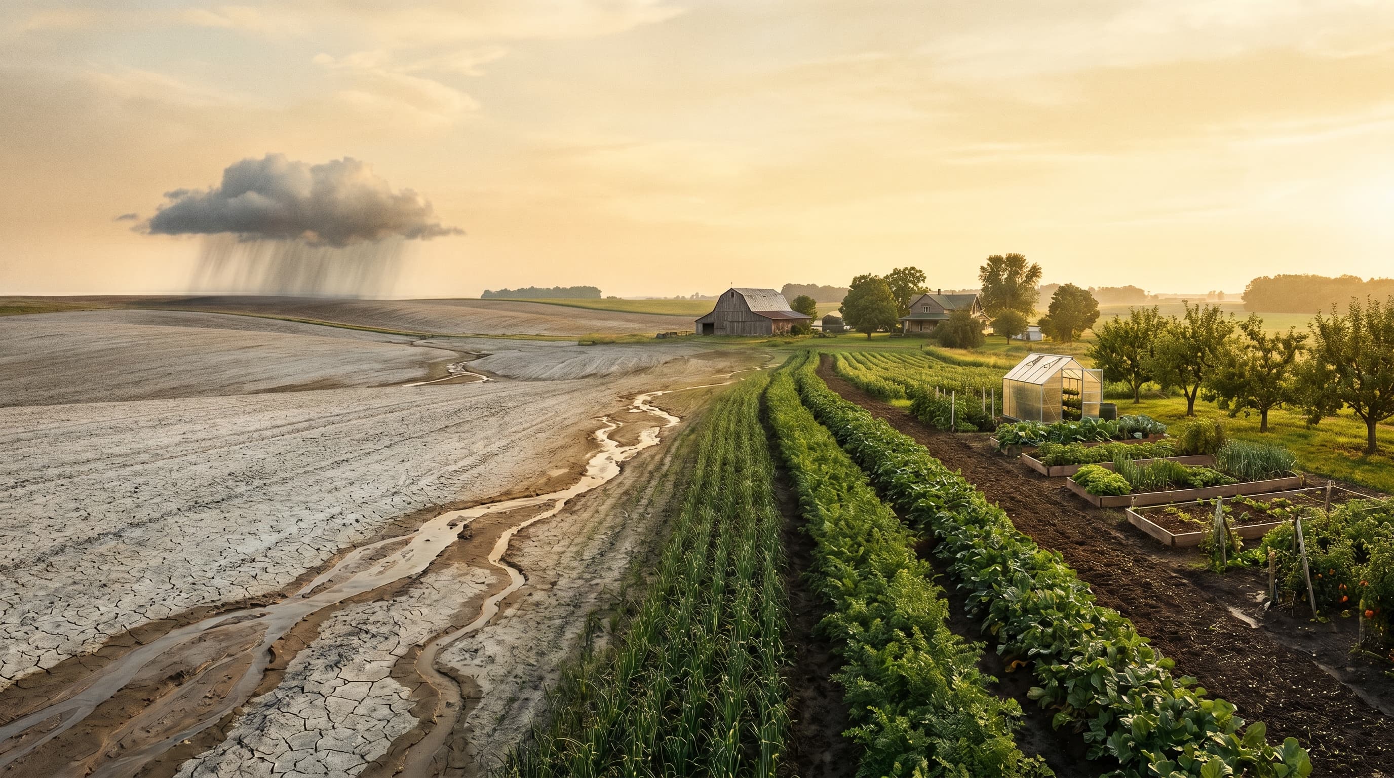 A gardener's hands pressing compost into dark, richly mulched garden soil surrounded by thriving vegetable plants.