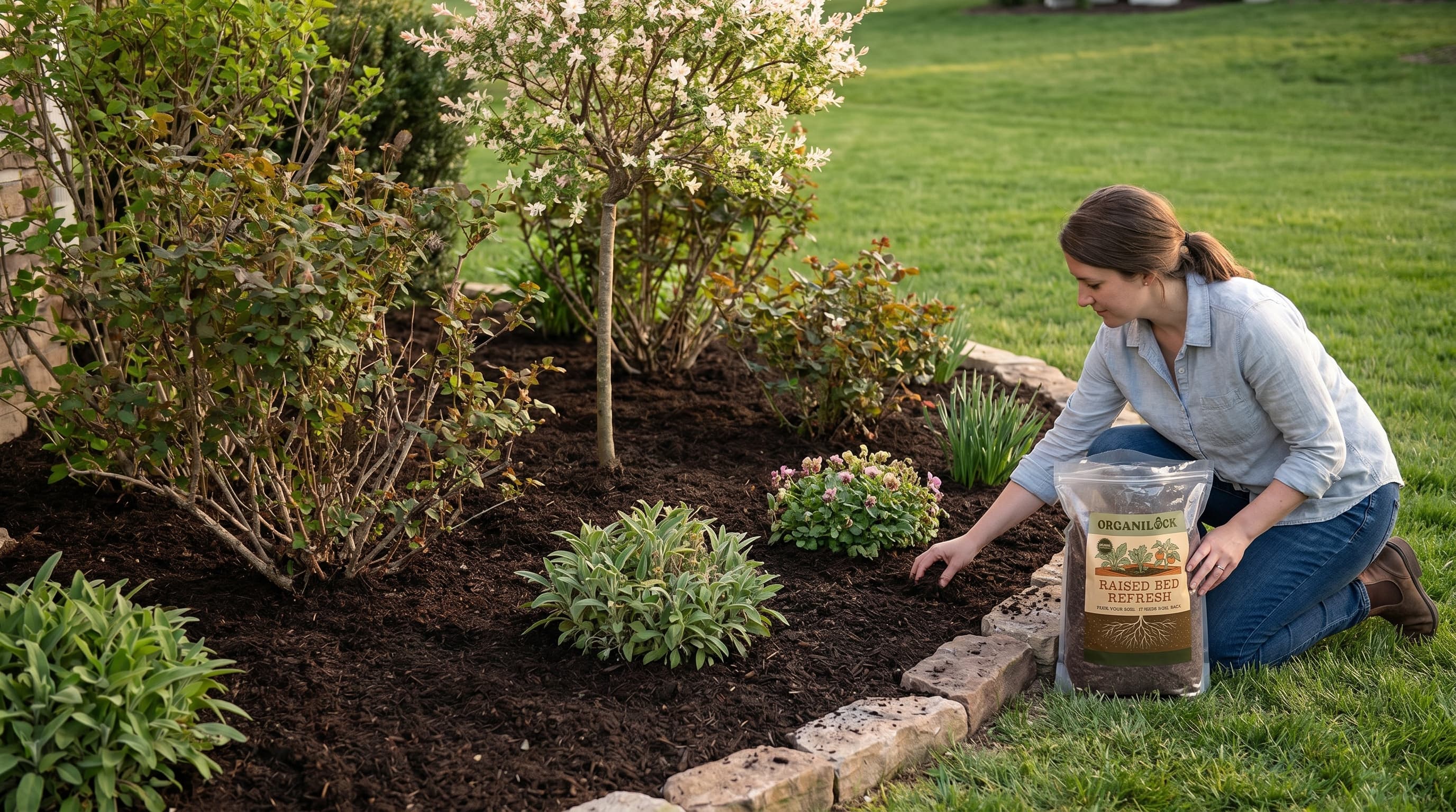 A person using a broadcast spreader to apply dry organic soil amendment across a green lawn while a child and dog play safely nearby.