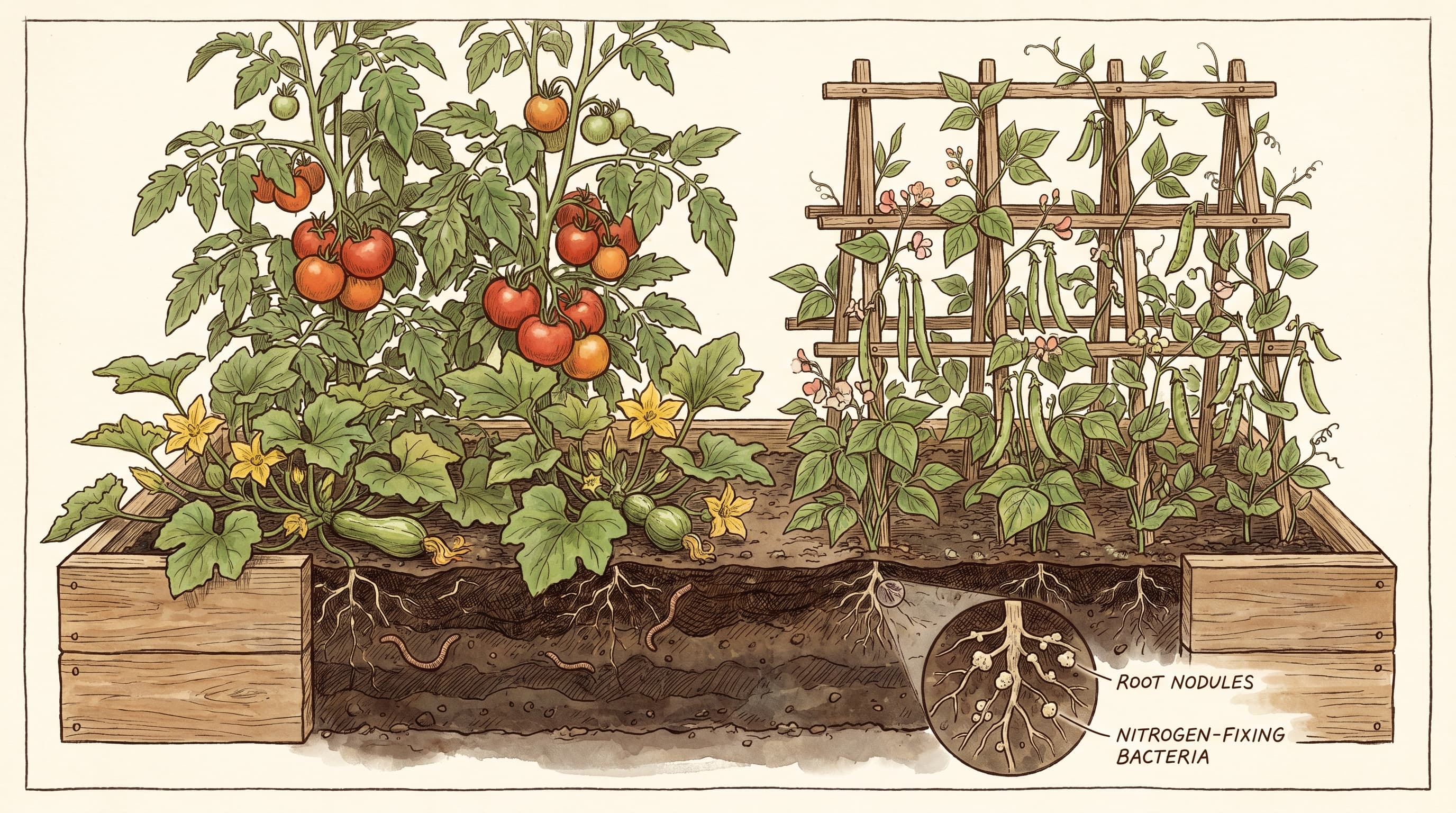 A gardener works dry organic soil amendment into a raised vegetable bed in spring, surrounded by a diverse mix of tomato, squash, pepper, and bean plants ready for the growing season.